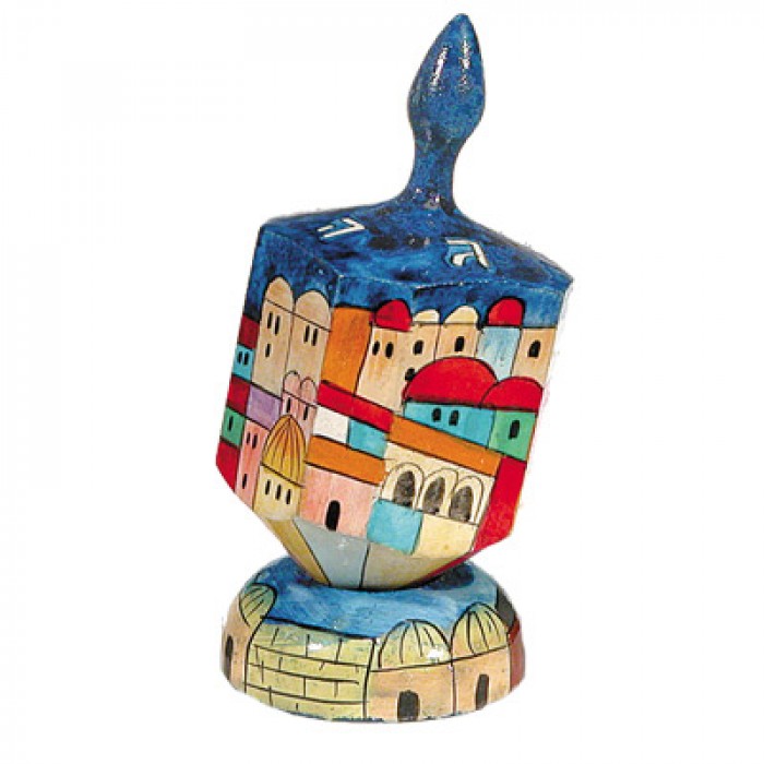 Yair Emanuel Multi-coloured Large Wooden Dreidel with Holy City Design and Stand