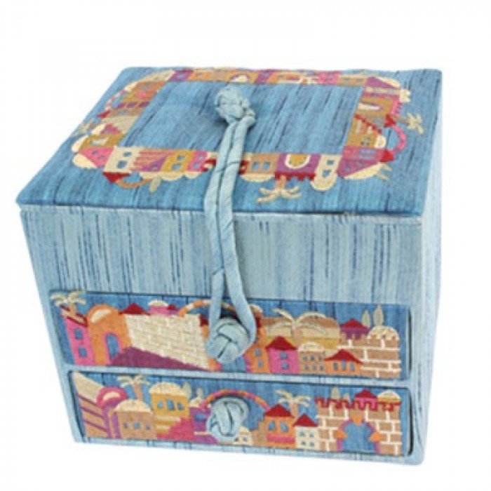 Yair Emanuel Embroidered Jewellery Box With Jerusalem in Blue