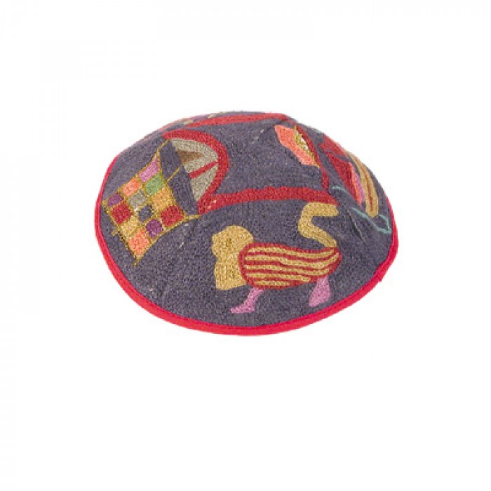 Yair Emanuel Grey and Red Cotton Hand Embroidered Kippah with Lion Motif