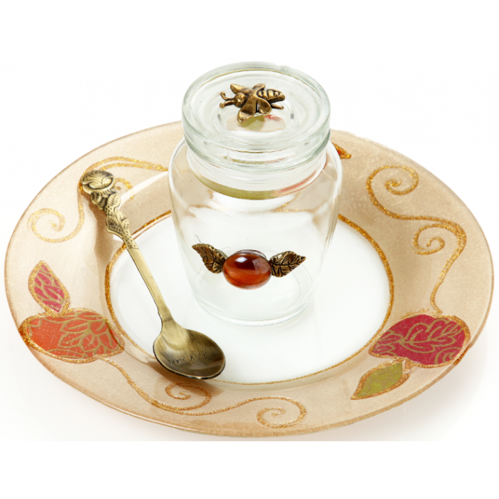 Glass Rosh Hashanah Honey Dish Jar and Apples