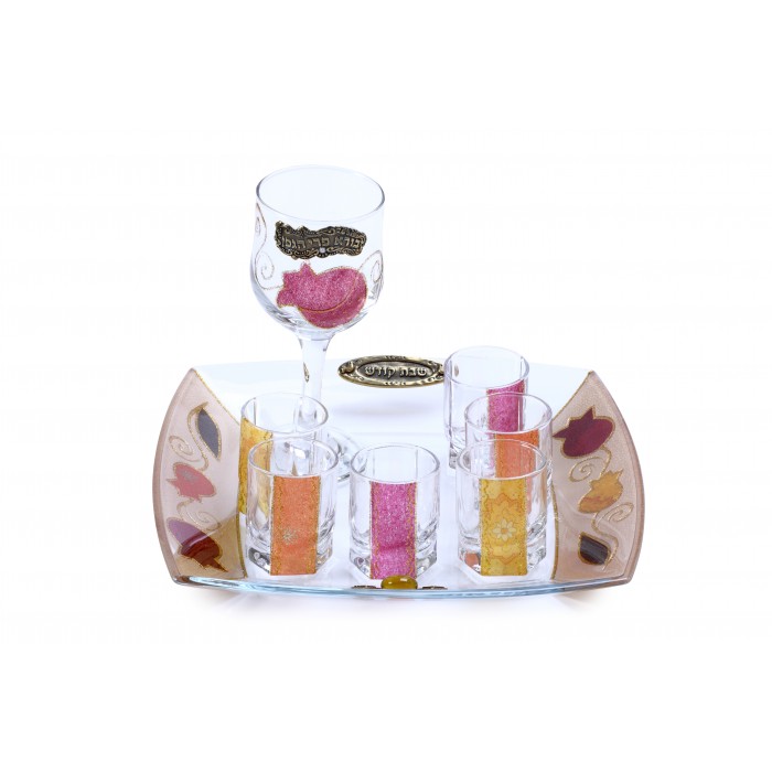 Glass Kiddush Cup Set with Seven Cups, Tray and Pomegranates