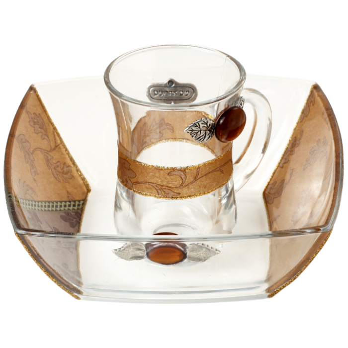 Glass Mayim Achronim Set with Brown Leaves and Hebrew Inscription