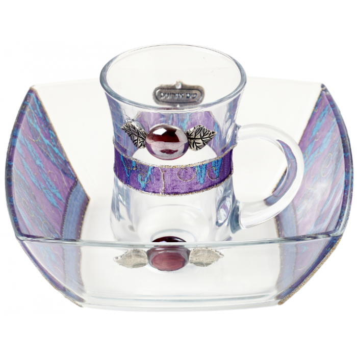 Glass Mayim Achronim Set with Geometric Pattern and Hebrew Plaque