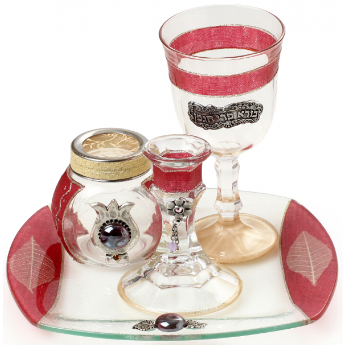 Glass Havdalah Set with Large Leaves and Medallions