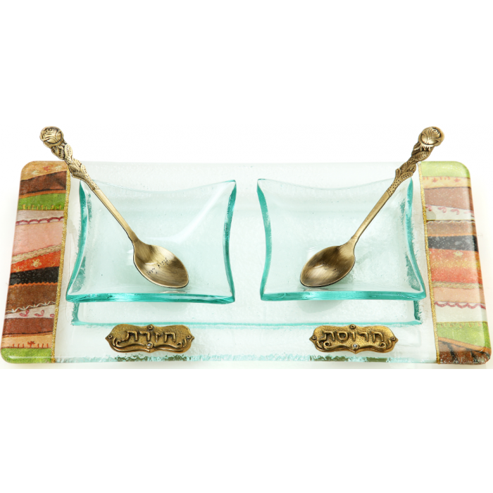 Glass Charoset and Horseradish Dish with Spoons, Stripes and Plaques
