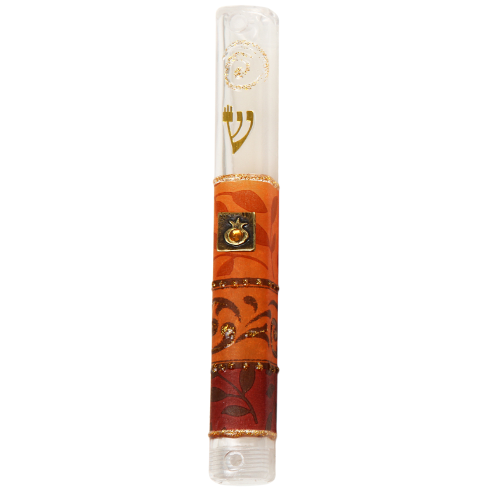 Plastic Mezuzah with Pomegranate, Leaves and Shin