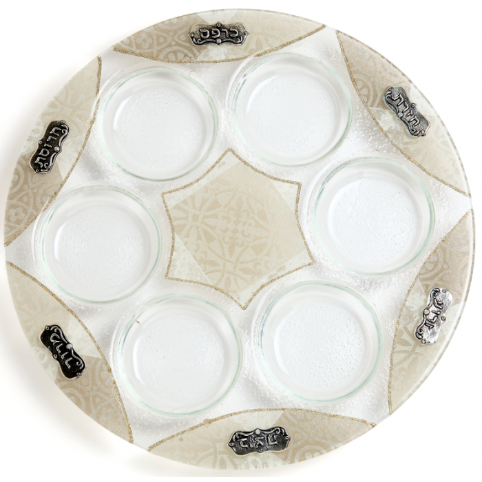 Glass Seder Plate with Gold Edging, Flowers and Metal Plaques