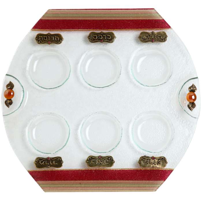 Glass Seder Plate with Colourful Stripes and Hebrew Plaques
