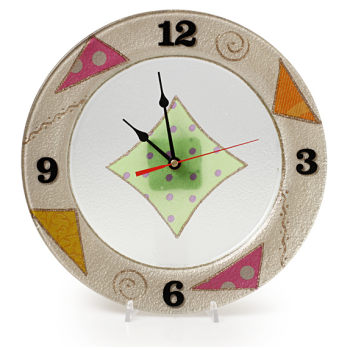 Round Glass Wall Clock with Multi Coloured Flower Motif