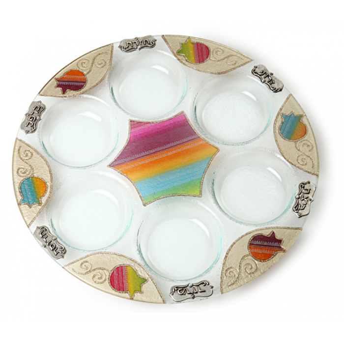 Glass Passover Seder Plate with Rainbow Pomegranate Theme