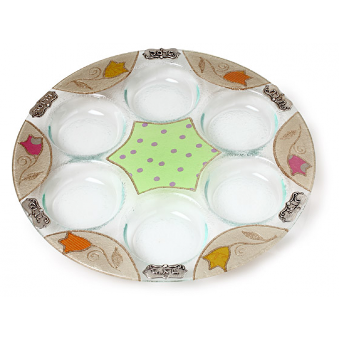 Glass Passover Seder Plate with Colourful Polka Dot Theme