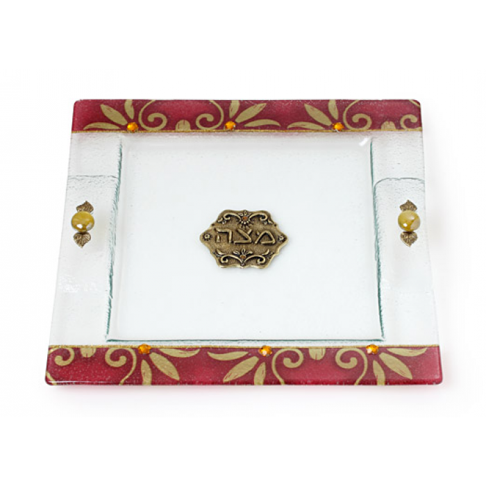 Glass Matzo Plate with Red and Gold Theme