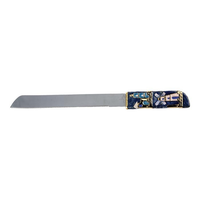 Challah Knife with Jerusalem Images in Blue and Gold with Crystal Accents