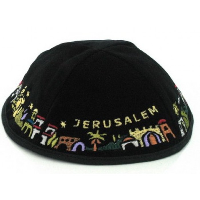 Black Velvet Kippah with Jerusalem and Embroidered Old City Depiction