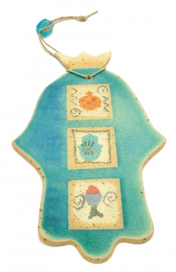 Turquoise Blue Ceramic Hamsa with Jewish Symbols and Twine Cord