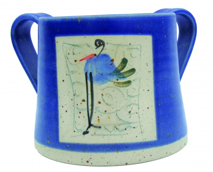 Dark Blue Ceramic Washing Cup with Bird, White Square and Band