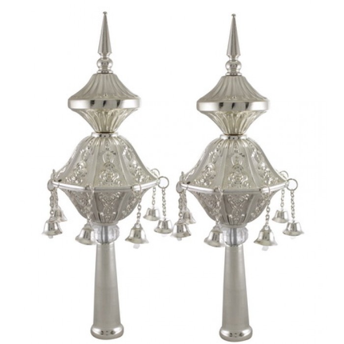 Silver Plated Rimonim with Hanging Bells and Scrolling Lines