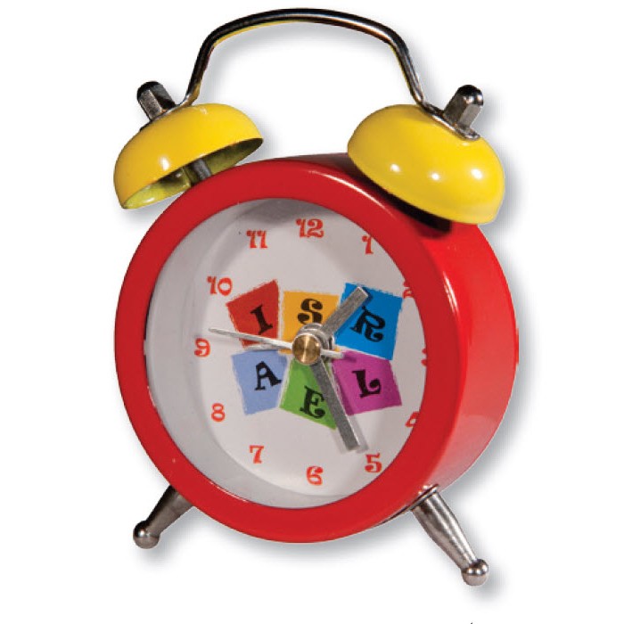 Red and Yellow Alarm Clock with ‘Israel’ in English Letters and Bright Squares