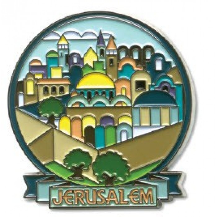 Round Metal Magnet with Jerusalem Depiction and English Text