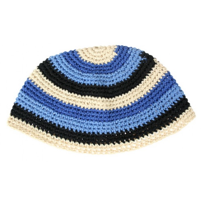 White "Freak" Style Knitted Kippah with Blue and Black Stripes