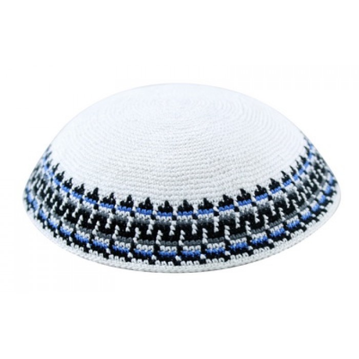 White DMC Knitted Kippah with Black, Blue and Geometric Shapes and Lines