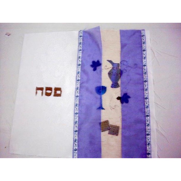 Matzah Cover with Purple, Jug, Wine Glass & Hebrew Text by Galilee Silks