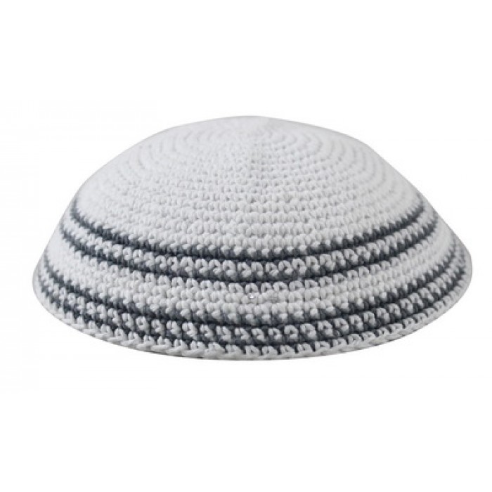 White Knitted Kippah with Four Grey Stripes and White Band