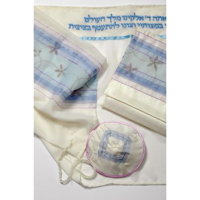 White Women’s Tallit with Flowers and Light Blues by Galilee Silks