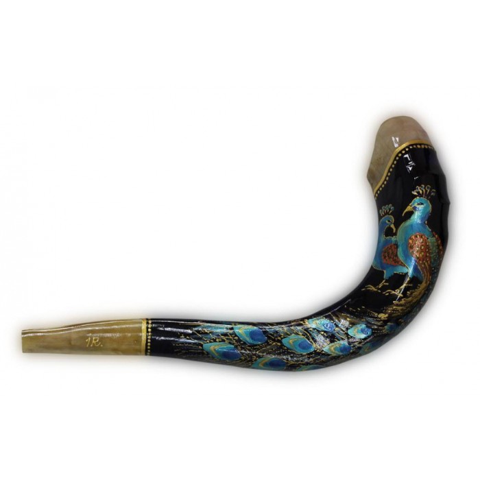 Ram Horn Shofar with Hand Painted Oil Painting of Peacocks