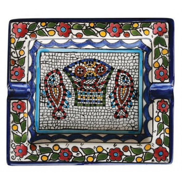 Armenian Ceramic Square Ashtray with Mosaic Fish & Bread