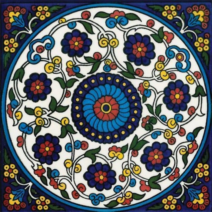 Armenian Ceramic Square Tile with Floral Ornamental Pattern
