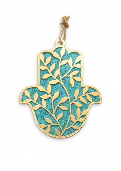 Adina Plastelina Hamsa in Turquoise with Gold Plated Leaf Design