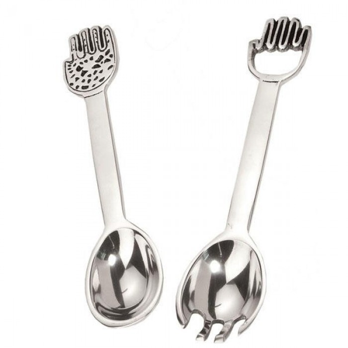 Yair Emanuel Aluminium Salad Spoon and Fork with Hamsa Design